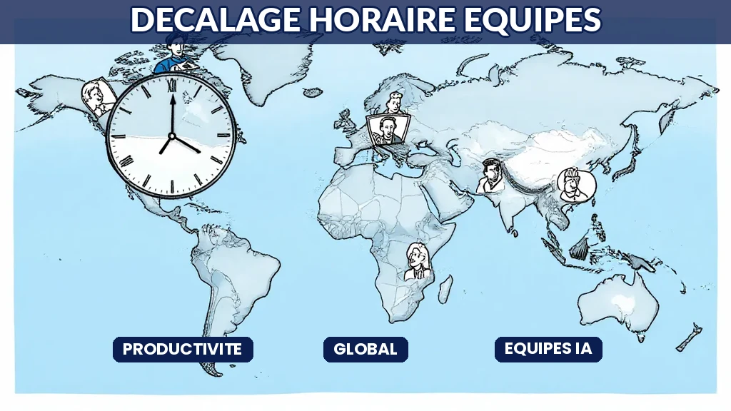 Horloges affichant différents fuseaux horaires reliées par des lignes numériques symbolisant la gestion des équipes distribuées en consulting IA