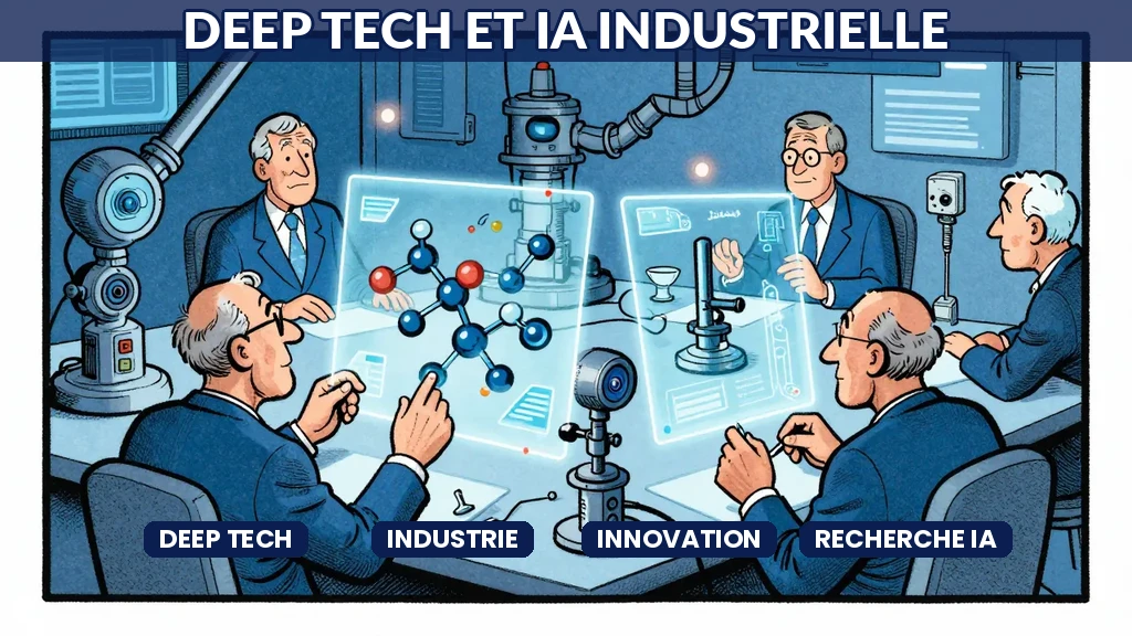 Laboratoire deep tech avec IA analysant des structures moléculaires et affichages holographiques