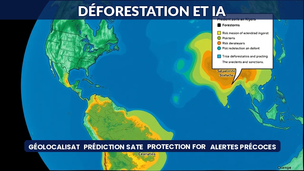 Carte satellite montrant des zones forestières analysées par IA avec indicateurs de risque de déforestation