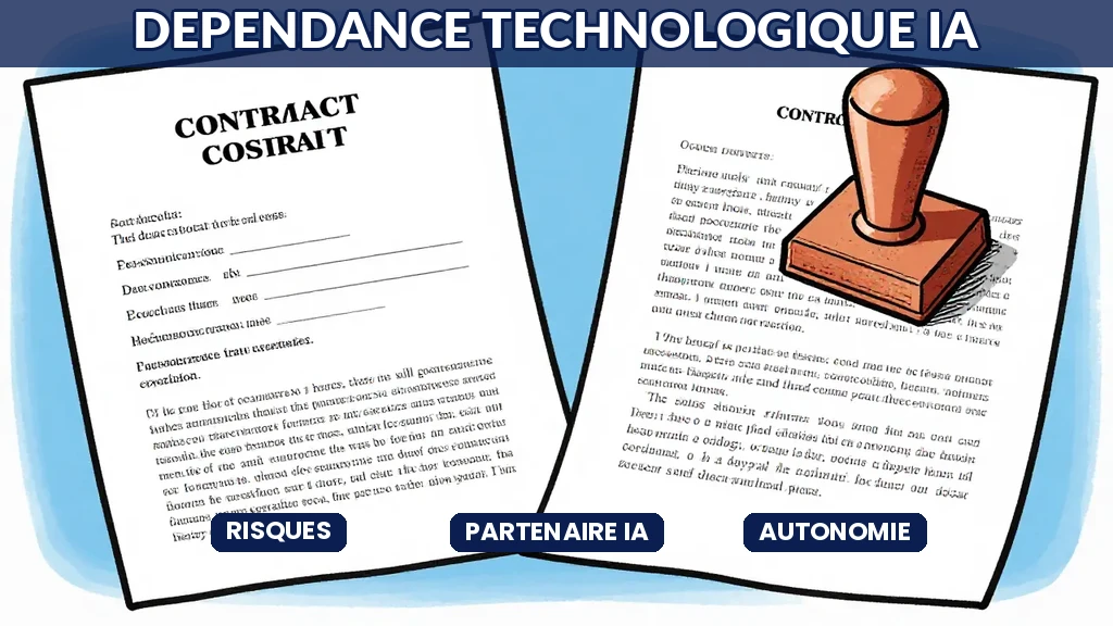 Entreprise reliée par des chaînes numériques à un fournisseur IA symbolisant la dépendance technologique et les risques associés