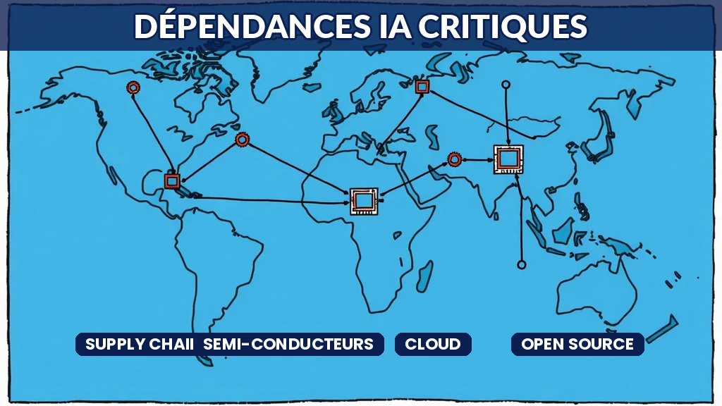 Chaîne logistique numérique avec composants IA et points de vulnérabilité identifiés sur une carte mondiale
