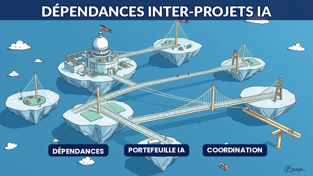 Schéma de dépendances entre projets IA interconnectés dans un portefeuille de transformation digitale