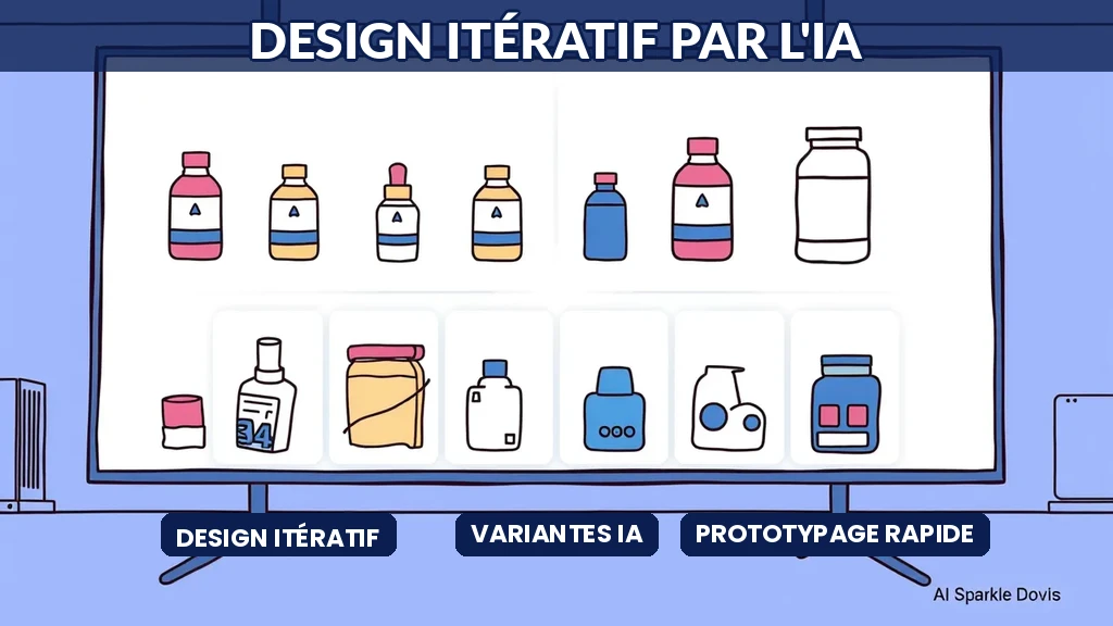 Écran montrant plusieurs variantes de design produit générées par IA avec des annotations de performance