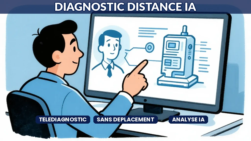 Technicien utilisant une interface IA de diagnostic à distance sur tablette pour analyser une panne équipement