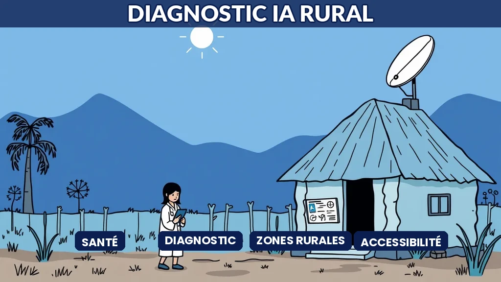 Clinique de village avec agent de santé utilisant tablette IA de diagnostic et antenne satellite reliant à un hôpital