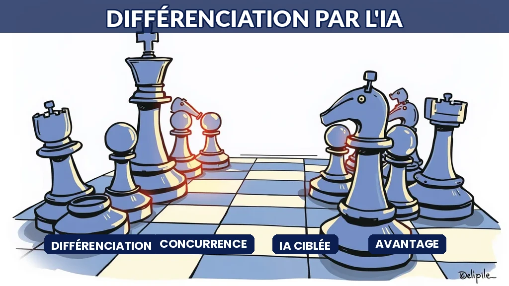 Pièces d'échecs sur un échiquier certaines augmentées de circuits IA brillants positionnées stratégiquement