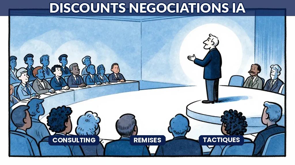 Deux professionnels négociant les termes financiers dune mission IA autour dune table avec des documents contractuels
