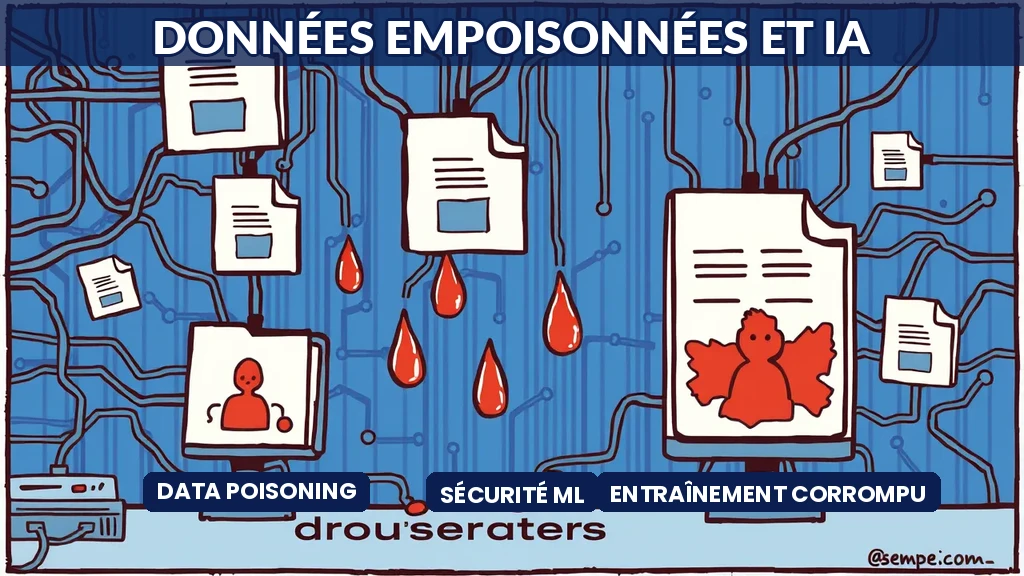 Illustration de données d'entraînement corrompues alimentant un modèle d'intelligence artificielle avec signaux d'alerte visuels