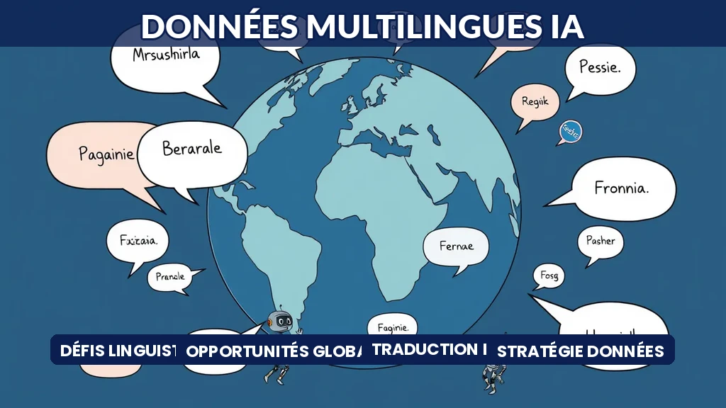 Globe entouré de bulles multilingues avec des robots IA assurant la traduction entre les langues