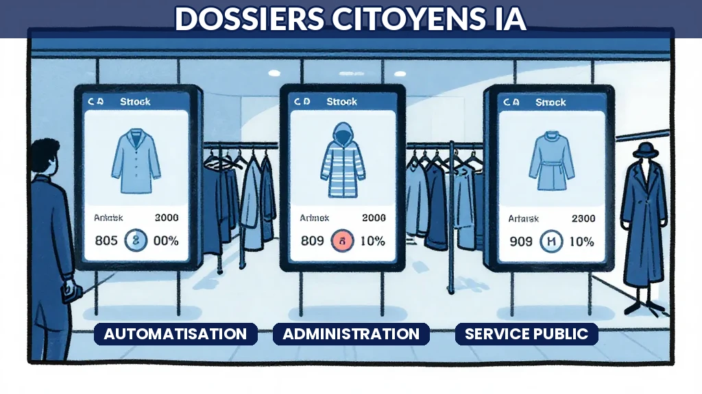 Interface numérique montrant le traitement automatisé de dossiers administratifs citoyens par intelligence artificielle dans une collectivité