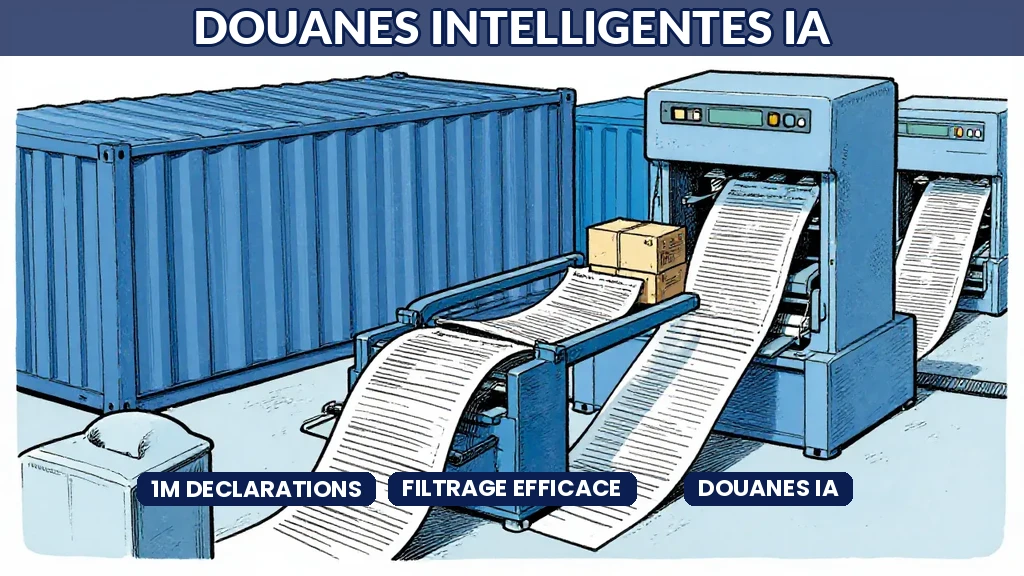 Terminal douanier avec écrans affichant des flux de données analysés par intelligence artificielle