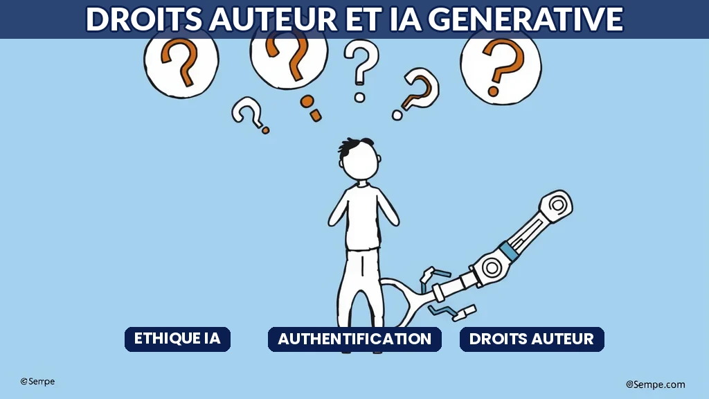 Consultant IA analysant les enjeux de droits dauteur et authenticité des contenus générés par intelligence artificielle
