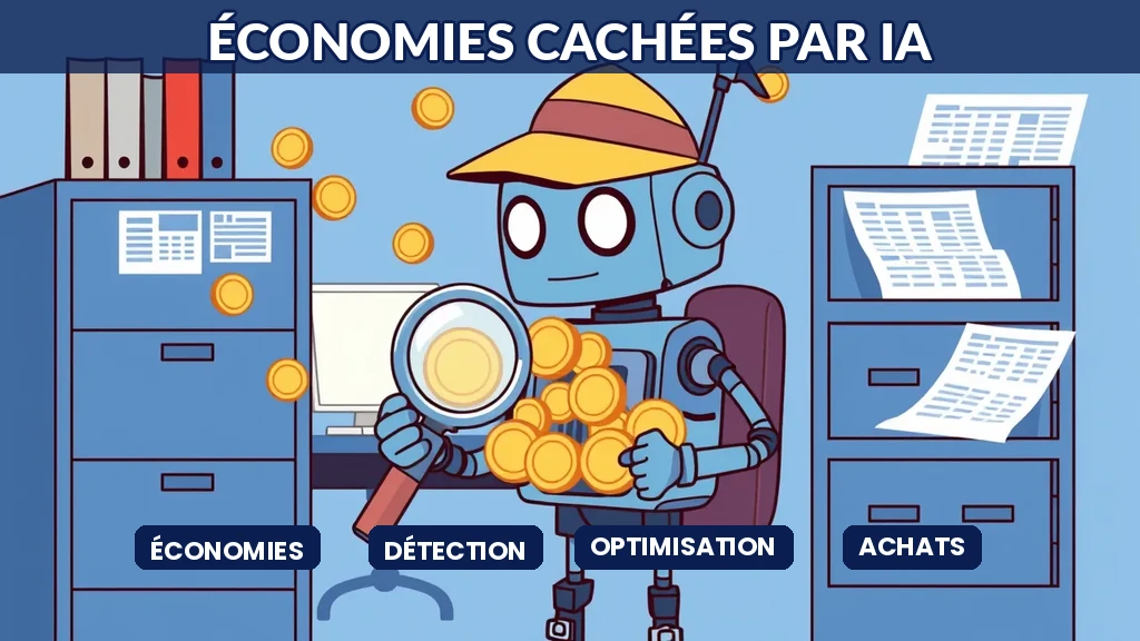 Robot détective découvrant des économies cachées derrière des meubles de bureau avec loupe et pièces dorées