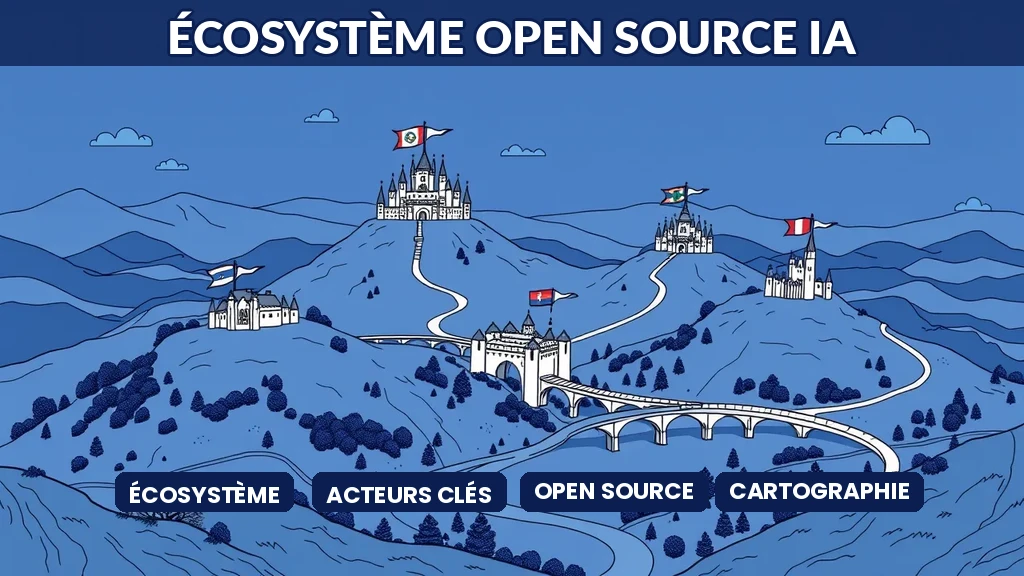 Carte paysagère avec des châteaux tech sur des collines reliés par des ponts symbolisant les acteurs open source IA