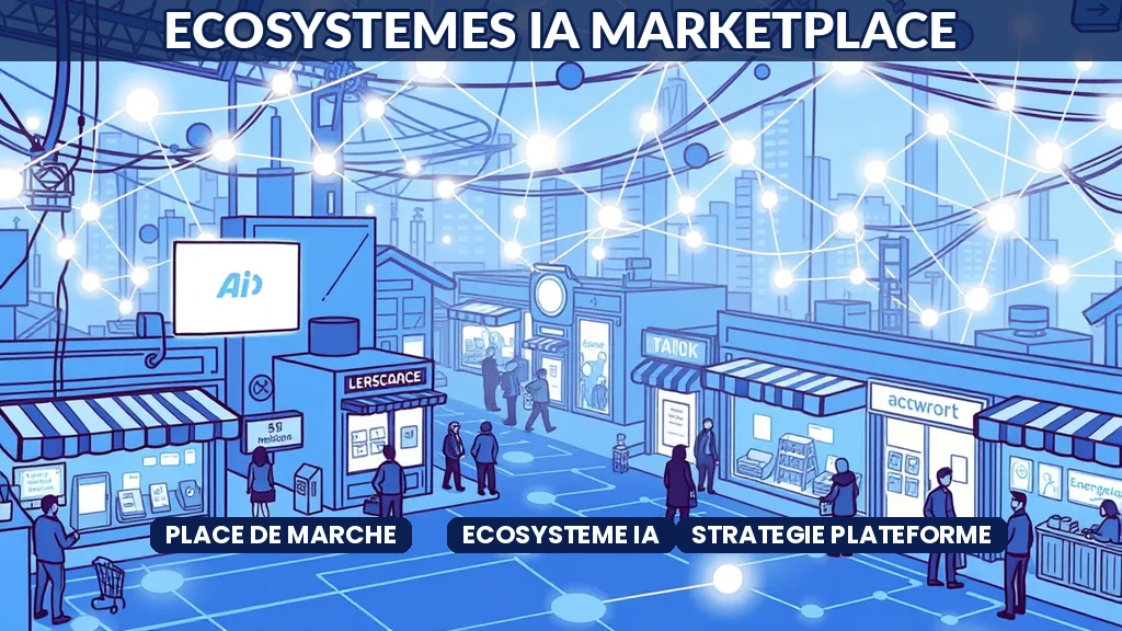Représentation visuelle dun écosystème IA organisé en place de marché avec partenaires et développeurs connectés