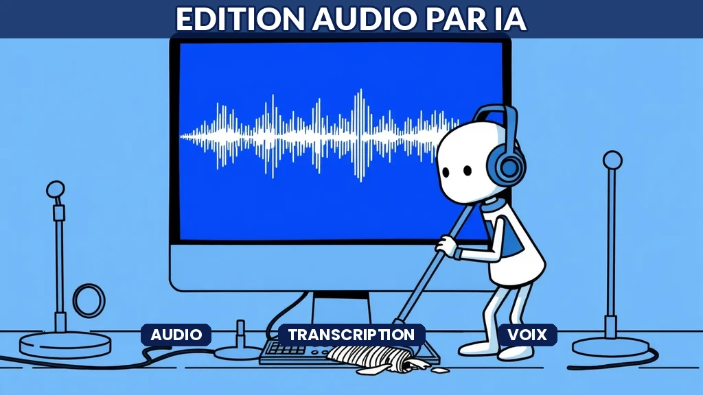 ** Interface d'édition audio assistée par IA montrant une forme d'onde vocale avec transcription automatique et outils d'amélioration sonore