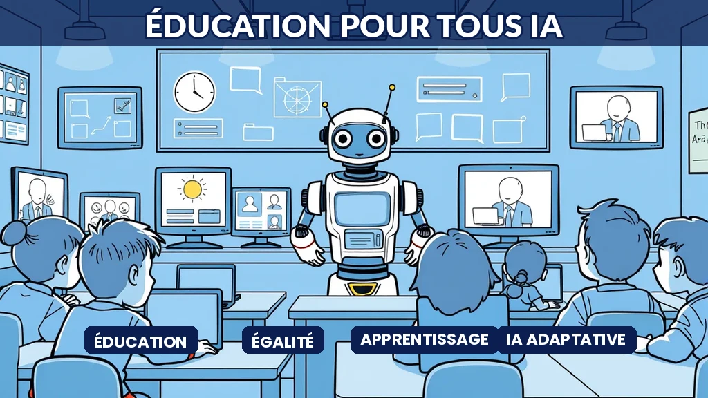 Enfants dans une salle de classe avec robot tuteur IA adaptant les leçons pour chaque élève sur des écrans