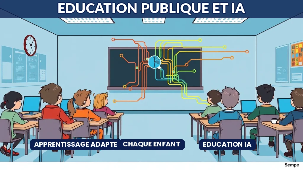 Salle de classe numérique avec une interface IA adaptant les contenus pédagogiques à chaque élève