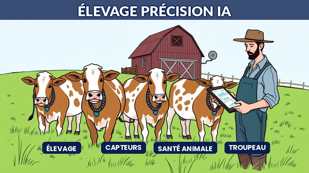 Vaches équipées de capteurs connectés dans une exploitation avec tableau de bord IA de suivi du troupeau
