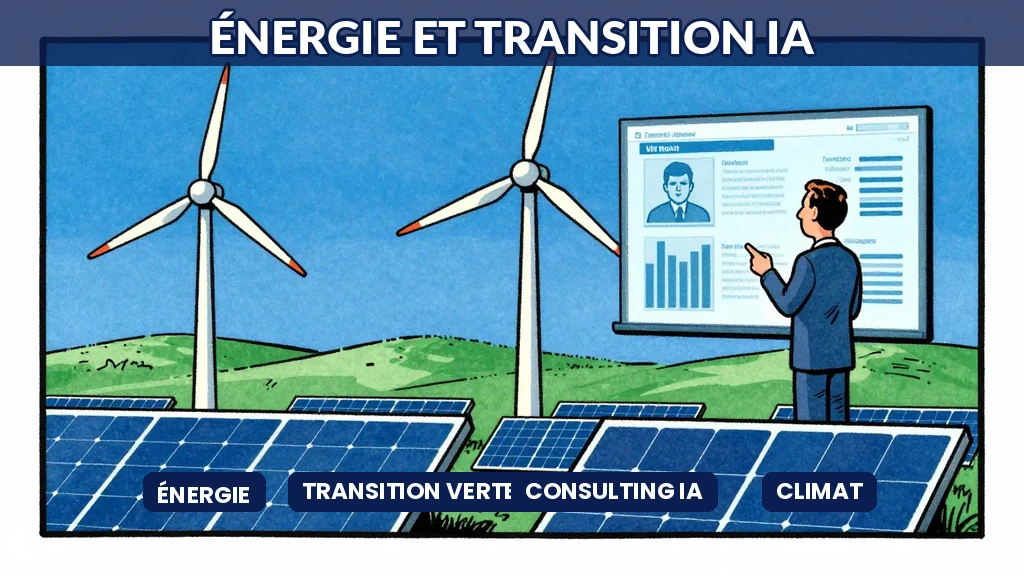 Éoliennes et panneaux solaires avec consultant analysant données de transition énergétique IA