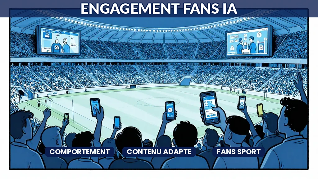 Tableau de bord analytique montrant des segments de fans sportifs avec indicateurs dengagement et recommandations de contenu personnalisé par IA