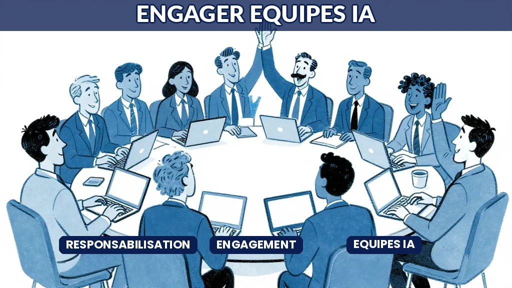 Illustration de collaborateurs autonomes prenant des initiatives IA dans leurs métiers respectifs avec enthousiasme, style Sempé en aplats de couleur.