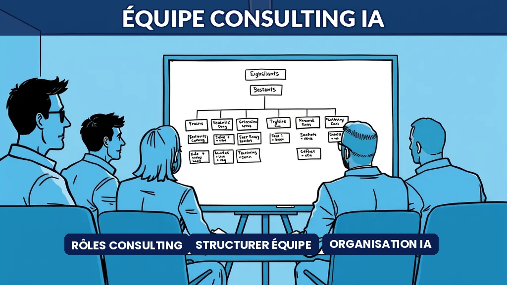 Équipe de consultants IA collaborant autour d'un tableau blanc avec des schémas de rôles et responsabilités