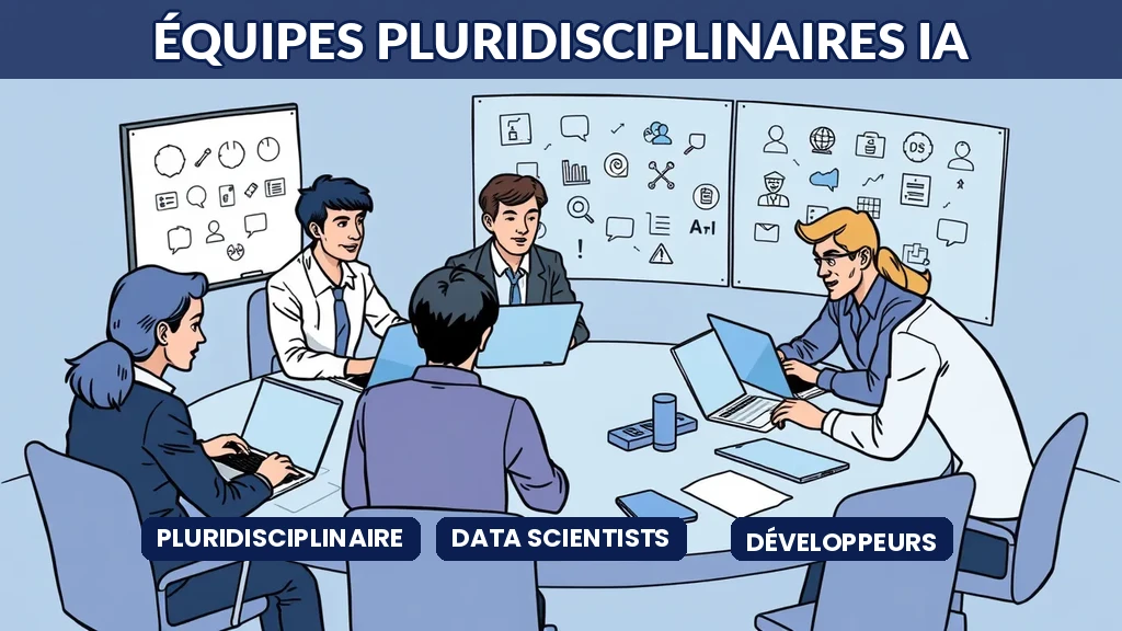 Équipe pluridisciplinaire de consultants data scientists et développeurs collaborant sur projet IA