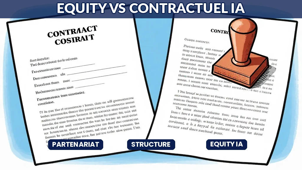 Schéma comparatif des structures de partenariat IA entre modèle equity et modèle contractuel avec avantages et risques