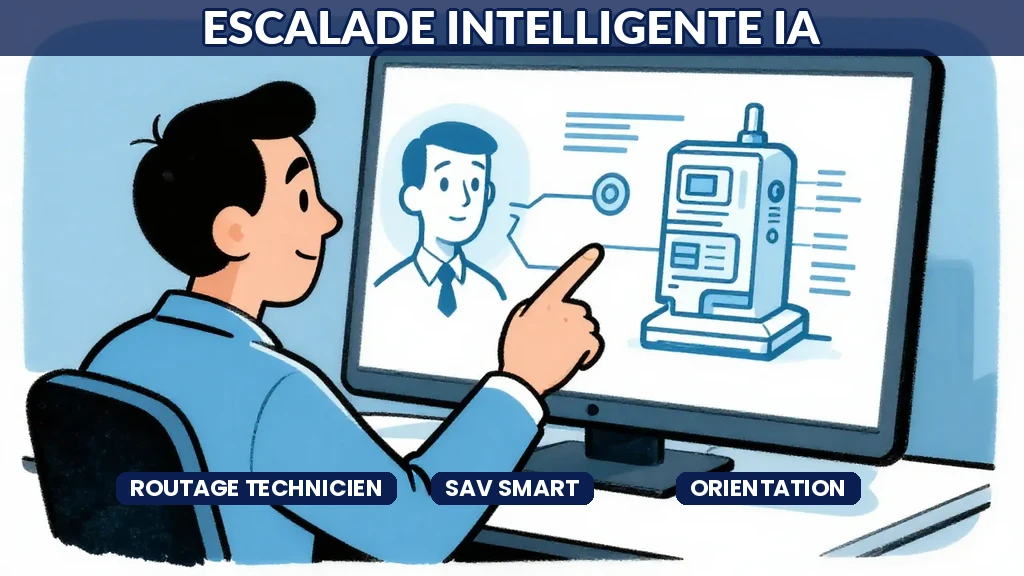Schéma de routage intelligent IA attribuant automatiquement un ticket technique au technicien spécialisé