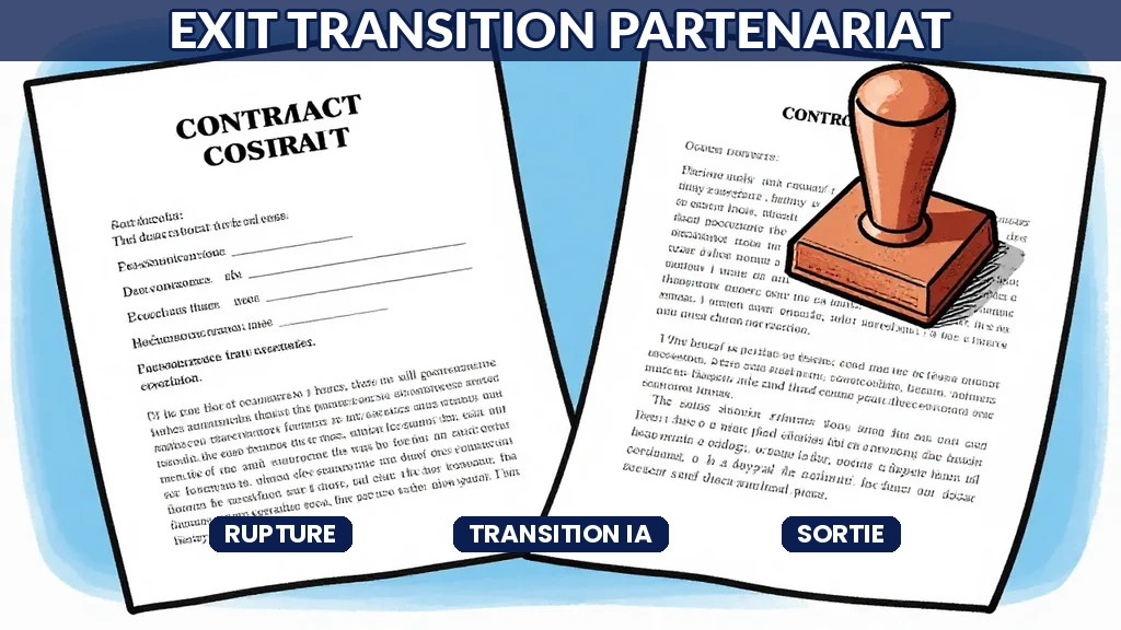 Schéma de transition structurée lors de la rupture dun partenariat IA avec flux de transfert de compétences et reprise des actifs