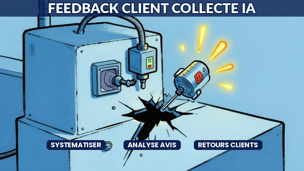 Tableau de bord IA affichant une analyse automatisée des retours clients avec indicateurs de satisfaction