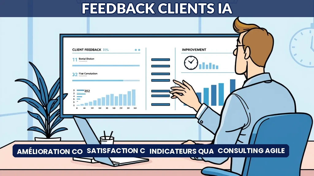 Consultant IA analysant des retours clients sur un écran avec des graphiques de satisfaction