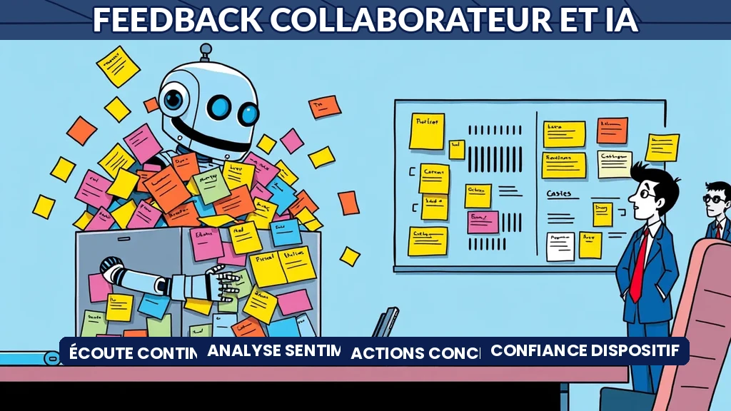 Tableau de bord IA analysant les feedbacks collaborateurs avec indicateurs de sentiment et tendances