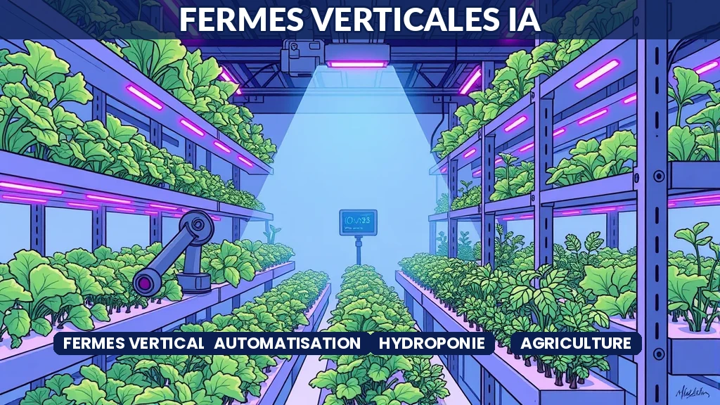 Ferme verticale intérieure avec rangées de cultures hydroponiques pilotées par un système IA d'automatisation