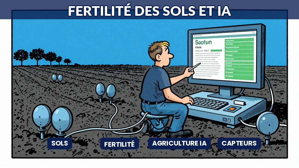 Capteurs de sol connectés dans un champ avec tableau de bord IA analysant la fertilité