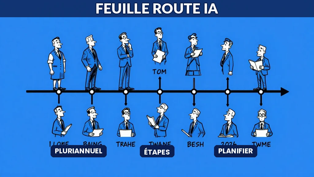 Diagramme de Gantt montrant une feuille de route IA pluriannuelle avec phases d'implémentation et étapes clés
