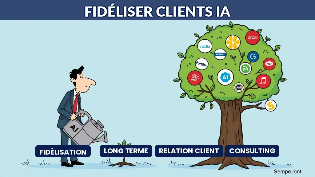 Consultant arrosant un arbre qui pousse avec des fruits symbolisant les clients et un arrosoir marqué IA