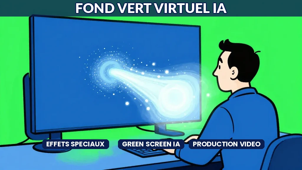 Illustration dun vidéaste utilisant un fond vert virtuel généré par intelligence artificielle en temps réel