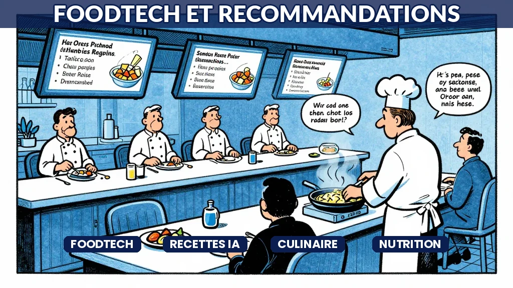 Cuisine de restaurant avec IA recommandant des recettes personnalisées sur écrans numériques
