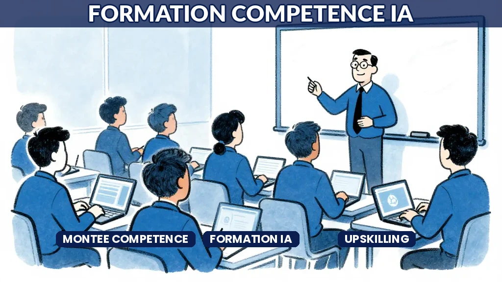 Illustration de collaborateurs en formation IA progressive passant de la découverte à la maîtrise avec parcours structuré, style Sempé en aplats de couleur.