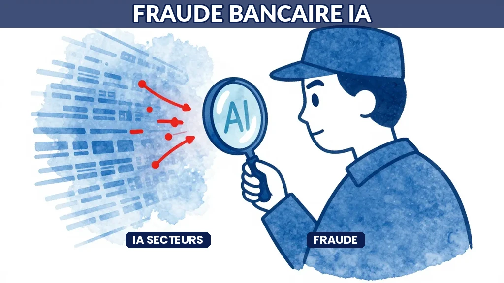 Détective IA loupe scanning transactions financières détection fraude