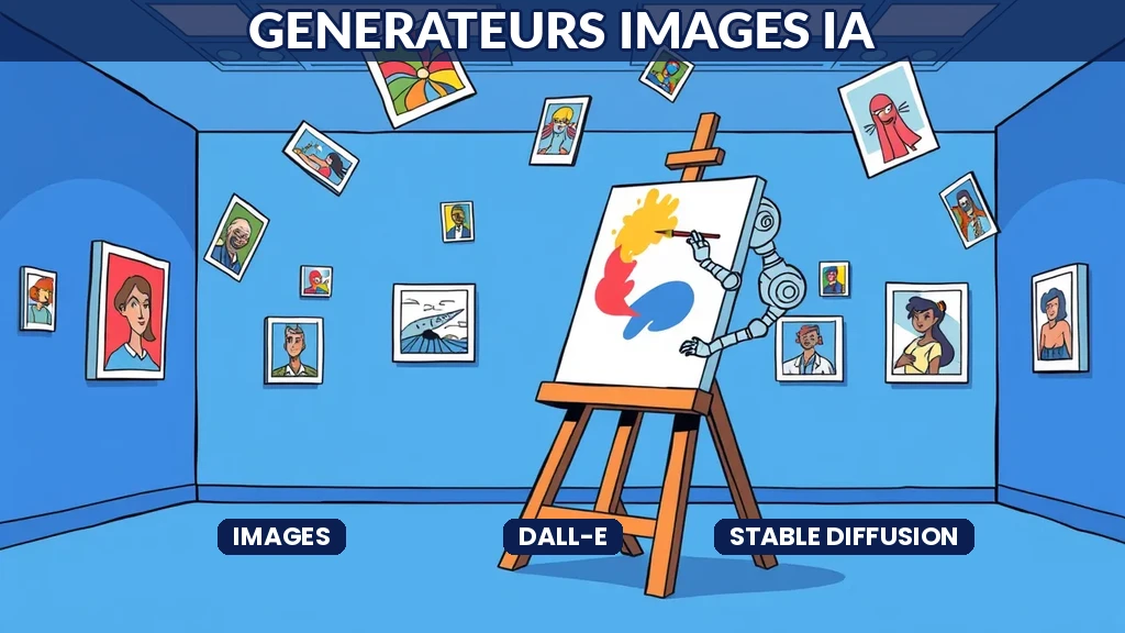 ** Comparatif de trois générateurs d'images IA affichant des créations visuelles générées par DALL-E et Stable Diffusion