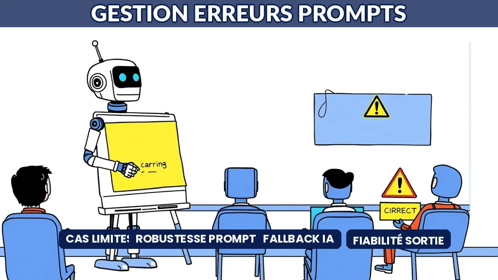 Robot enseignant corrigeant des erreurs de prompts sur un tableau avec des cas limites