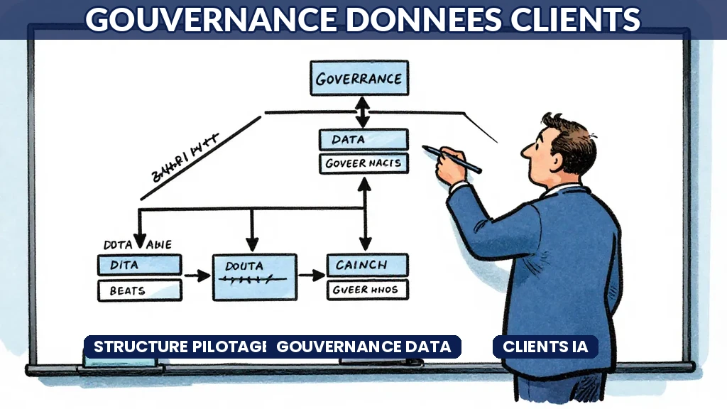 Schéma de gouvernance des données en entreprise avec flux de pilotage pour projet intelligence artificielle