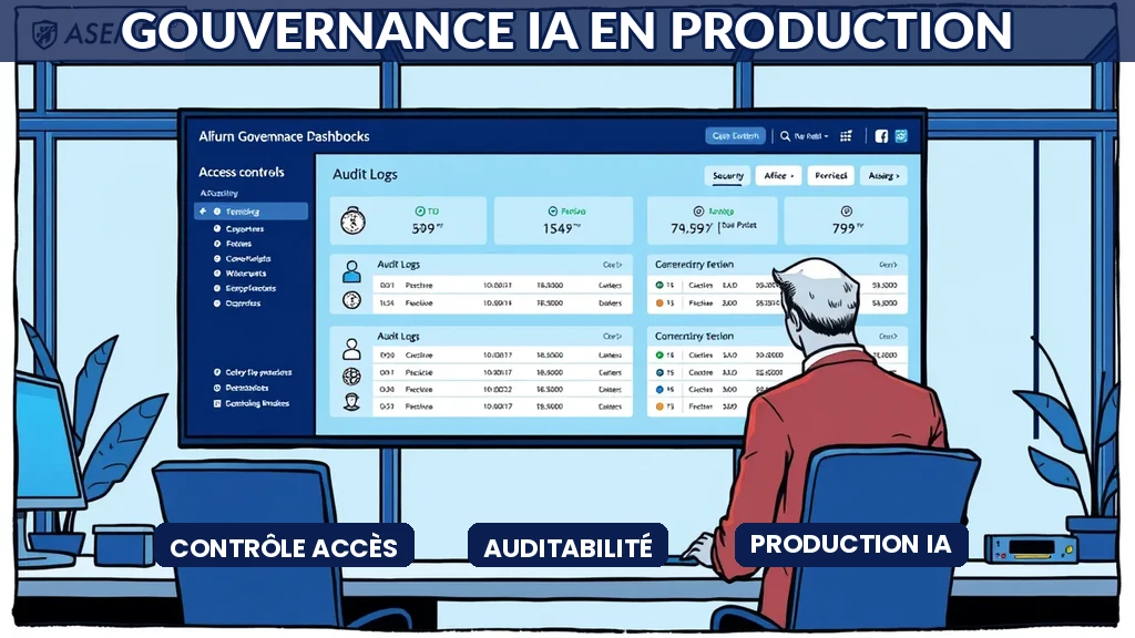 Tableau de bord de gouvernance IA en production avec contrôle d'accès et journaux d'audit