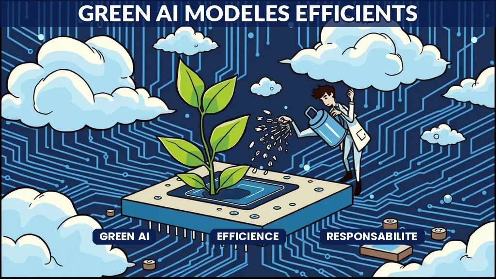 ** Illustration conceptuelle montrant un réseau neuronal vert entouré de feuilles symbolisant une intelligence artificielle sobre et responsable