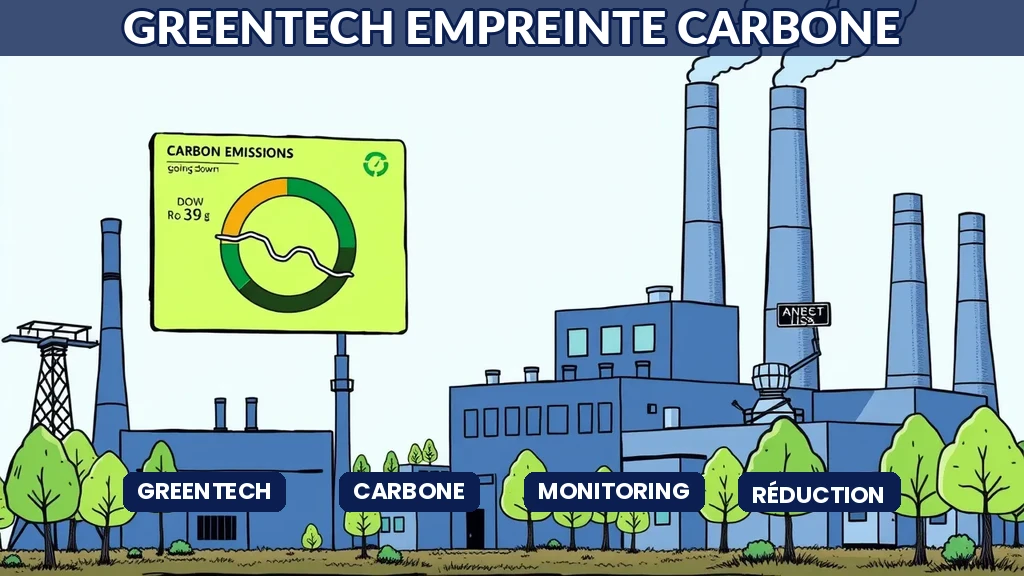 Usine avec tableau de bord vert montrant les émissions en baisse arbres poussant autour et capteurs sur les cheminées