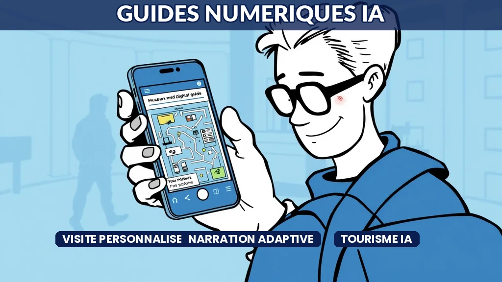 Voyageur utilisant un guide numérique intelligent avec narration adaptive et parcours de visite personnalisé par intelligence artificielle