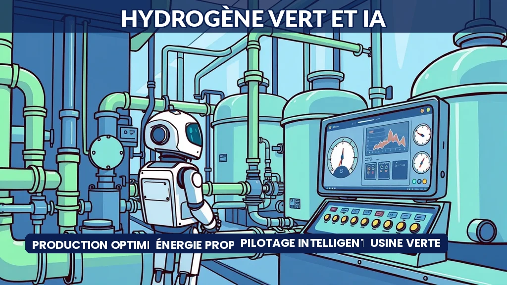 Usine d hydrogène vert avec un robot IA optimisant la production sur un panneau de contrôle